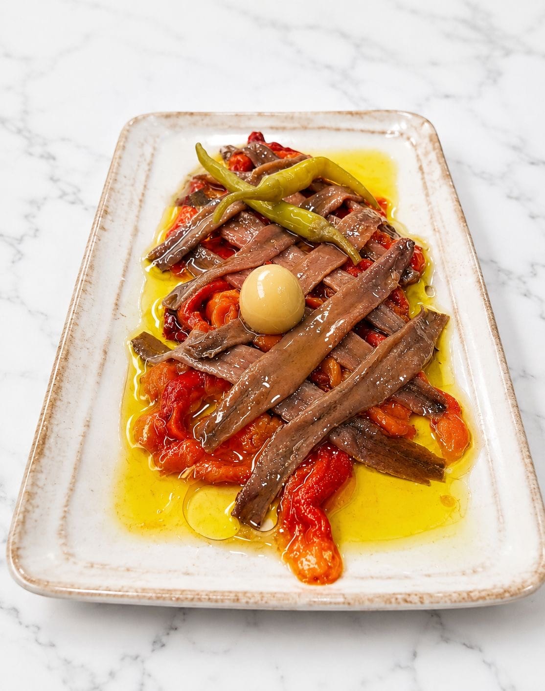 Anchoas del Cantábrico sobre pimientos asados, con guindillas y aceite de oliva
