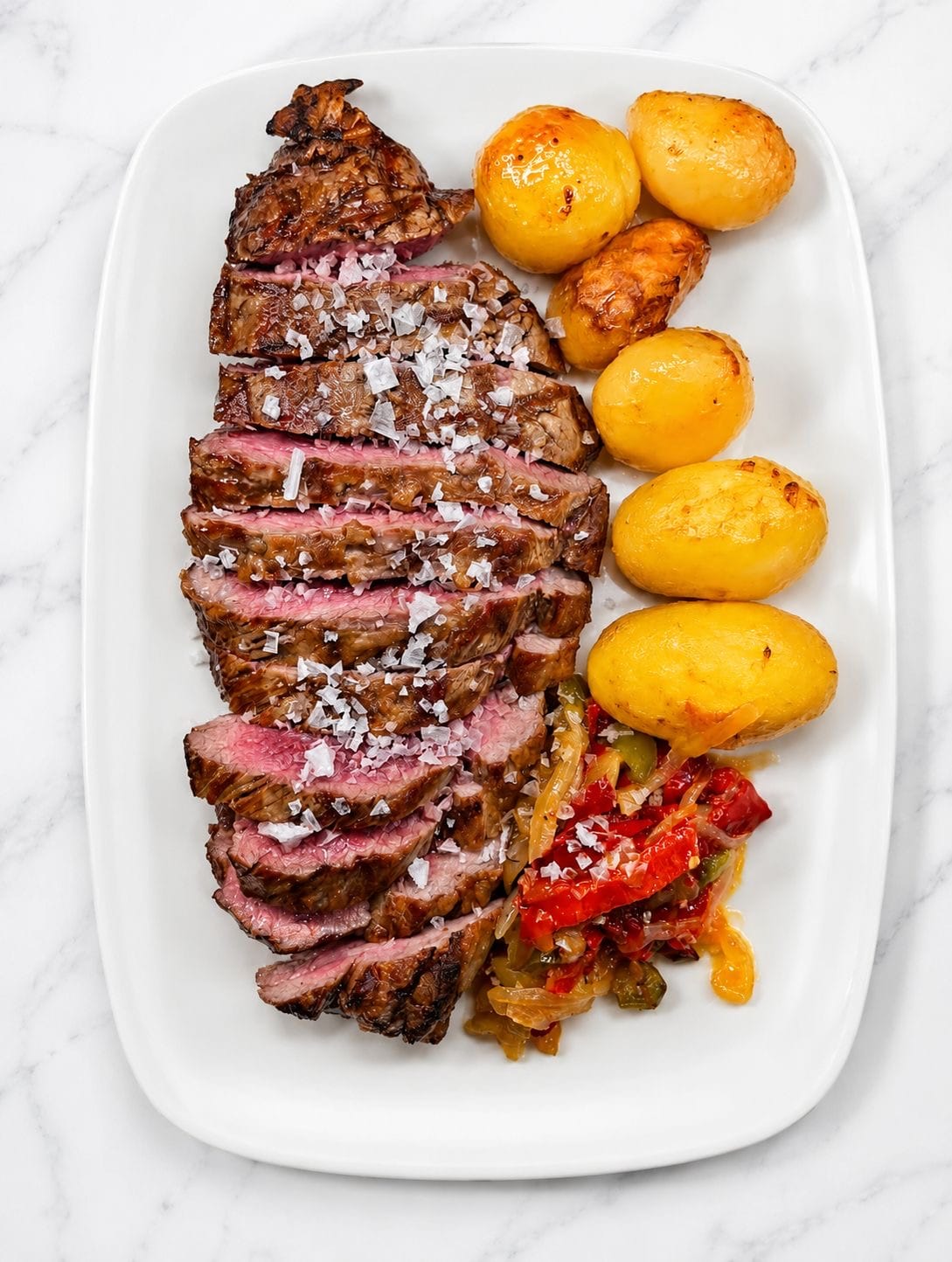 Vaca a la brasa fileteada, con patatas y pimientos